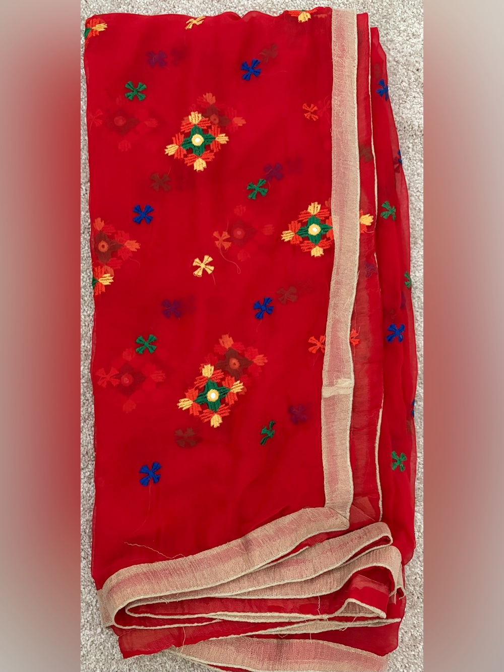 Red Embroidered Dupatta Scarf with Gold Trim